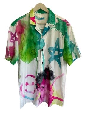 Mens PacSun Smile Star Paint Splatter White Watercolor Shirt - Size M